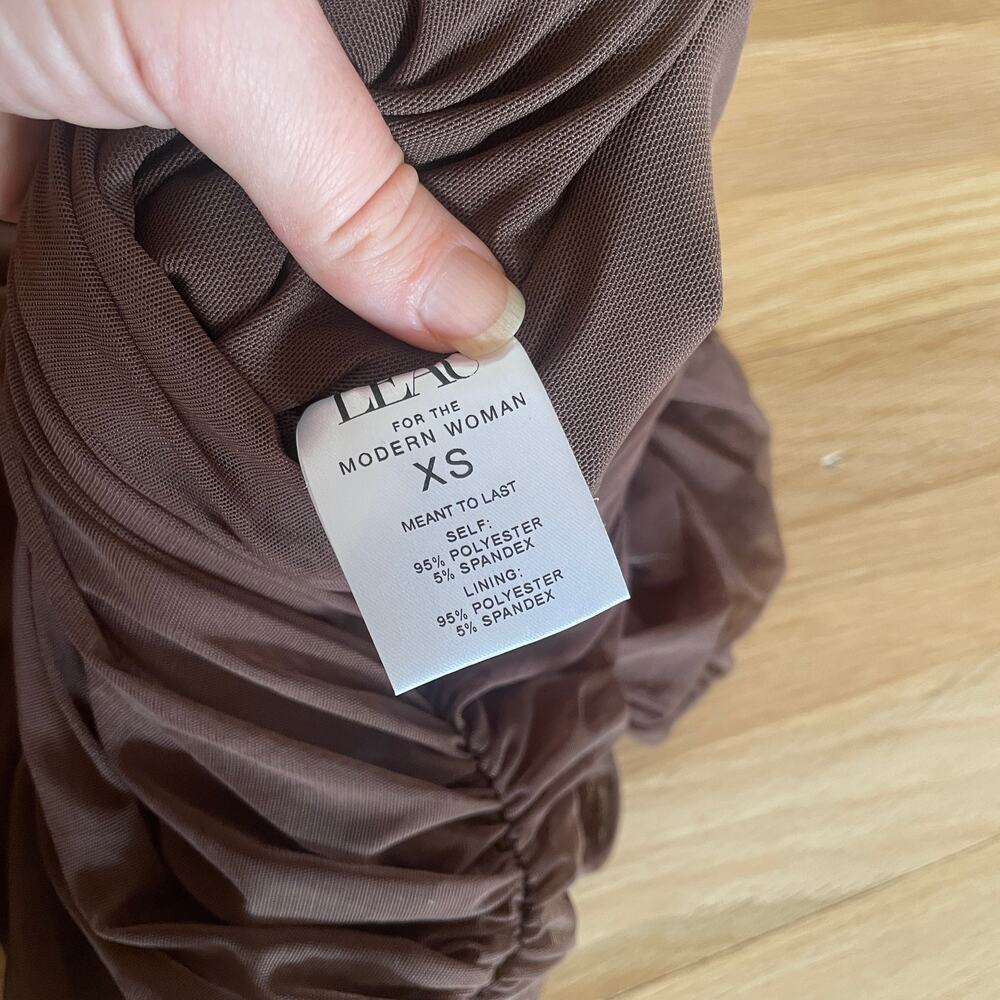 NWT LEAU Seoul Strap Cut-out Mesh Bodycon Dress Strappy Ruched Brown Sz XS Sexy - Picture 8 of 12
